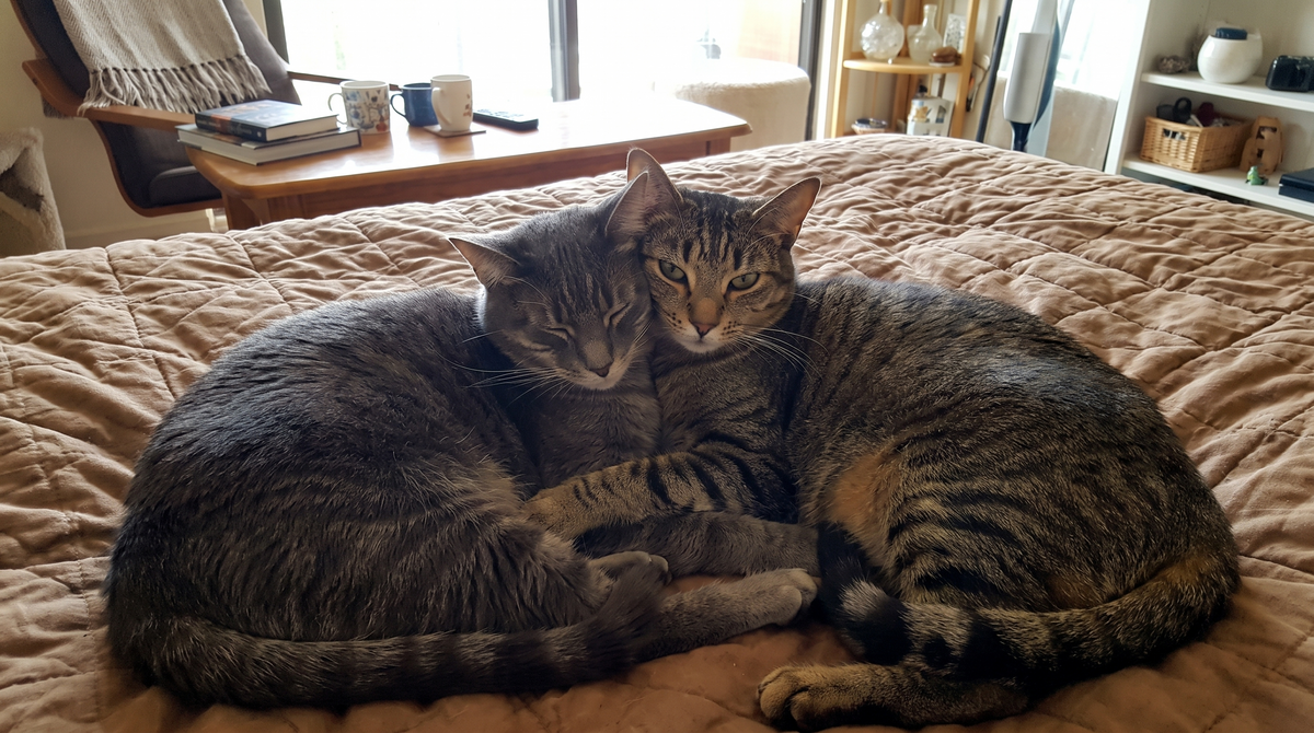 Two cats relaxed in the same room